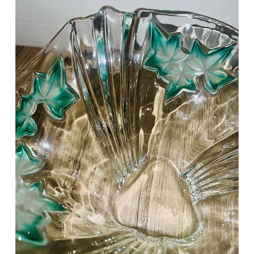Mikasa Crystal Queen's Garden Green Ivy Bowl 12 Inches Diameter scalloped glass